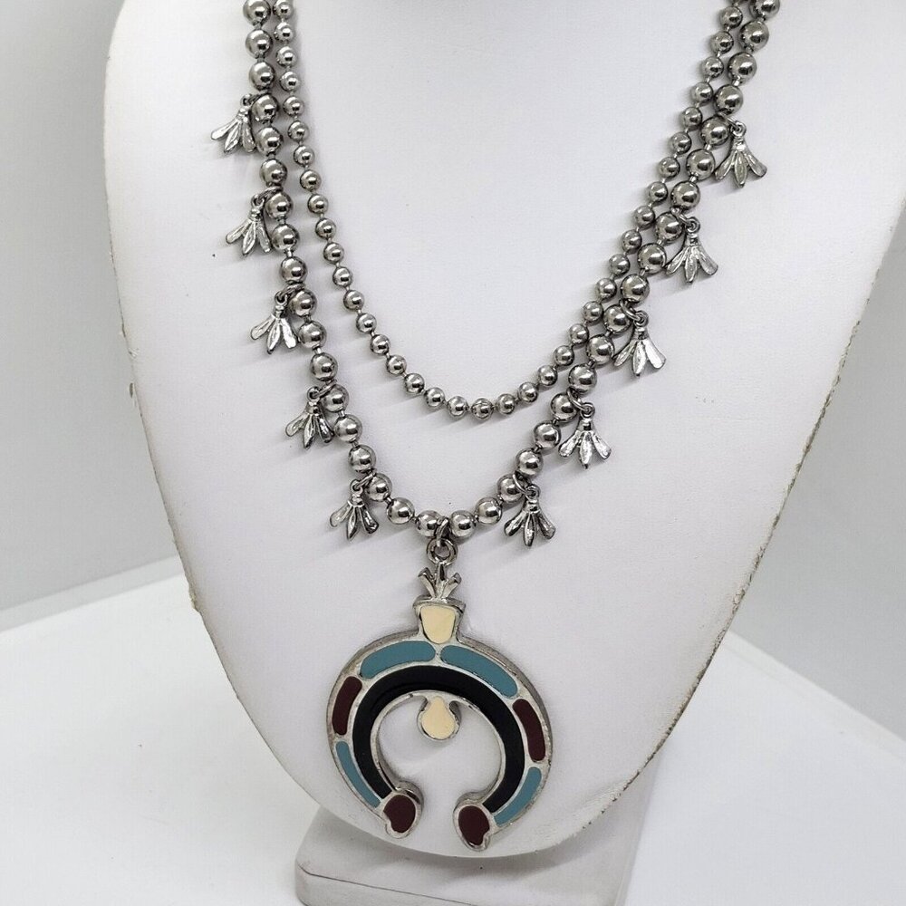 vintage faux squash blossom necklace Enamel Inlay‎ Double Strand